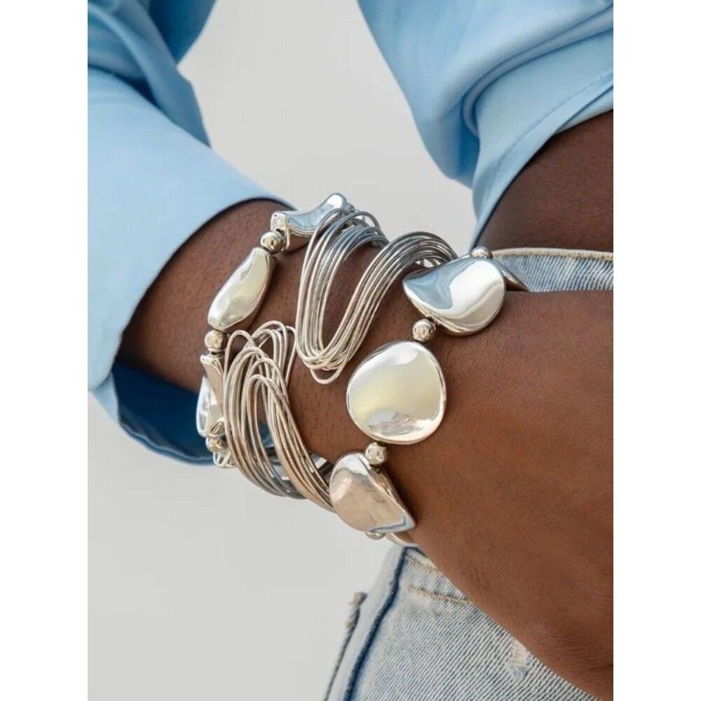 3-Piece Modern Silver Stackable Bracelet Set – Organic & Minimalist
